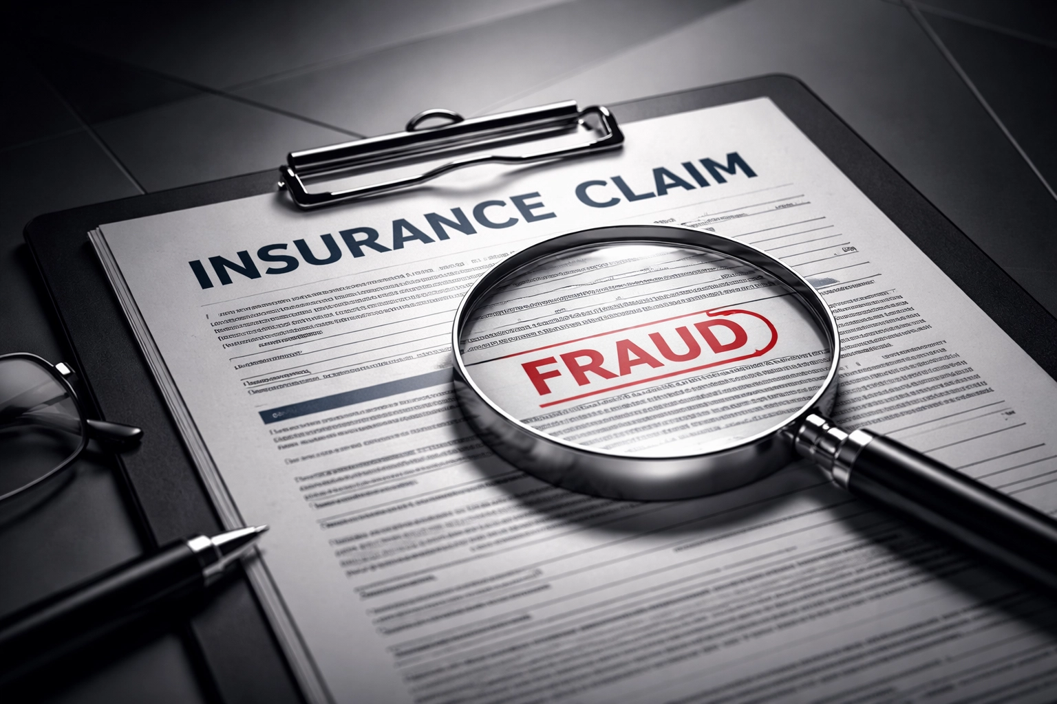 Magnifying glass over insurance documents illustrating private investigator detecting insurance fraud in business