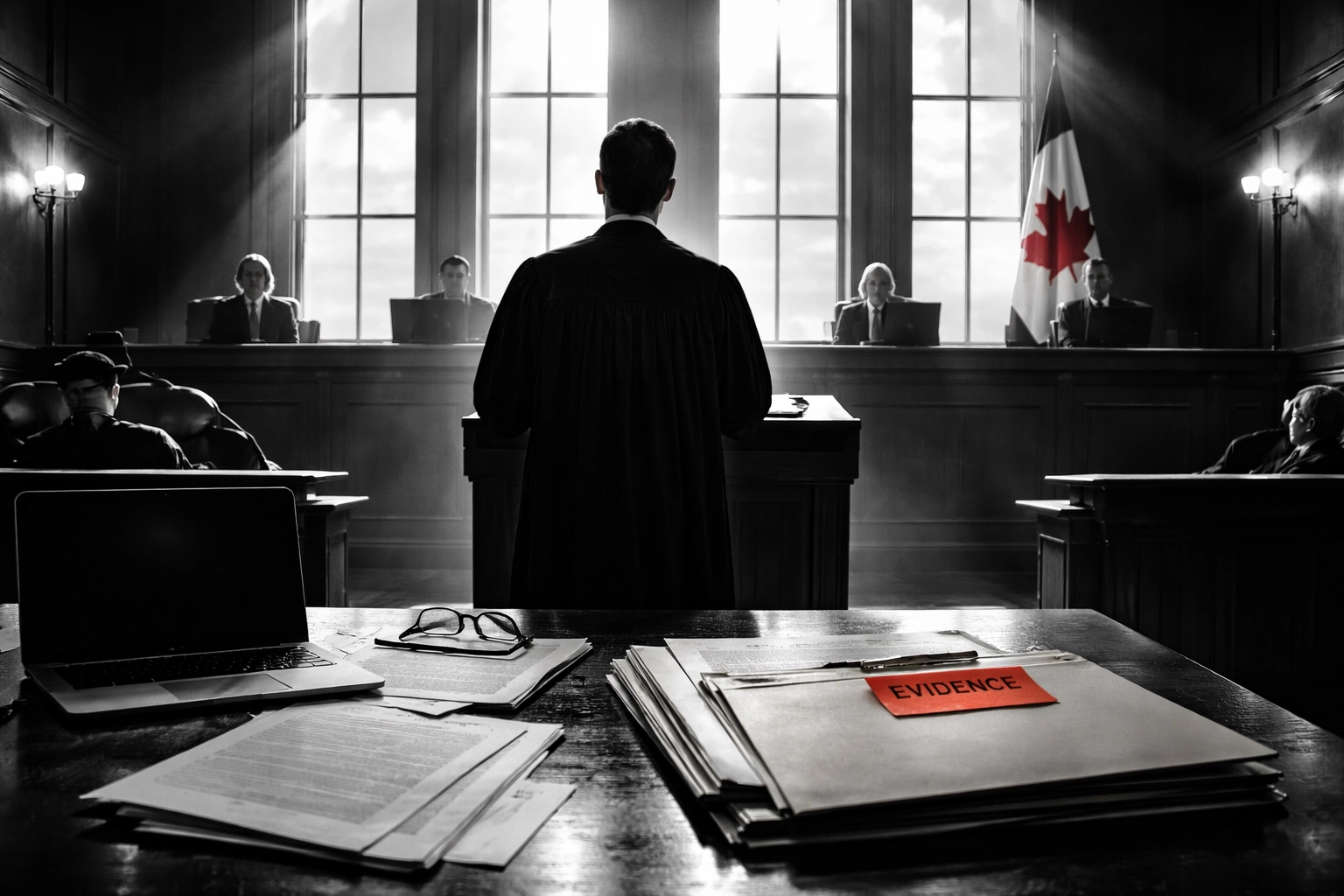 Criminal lawyer presents evidence in a modern Canadian courtroom, emphasizing courtroom defense strategies