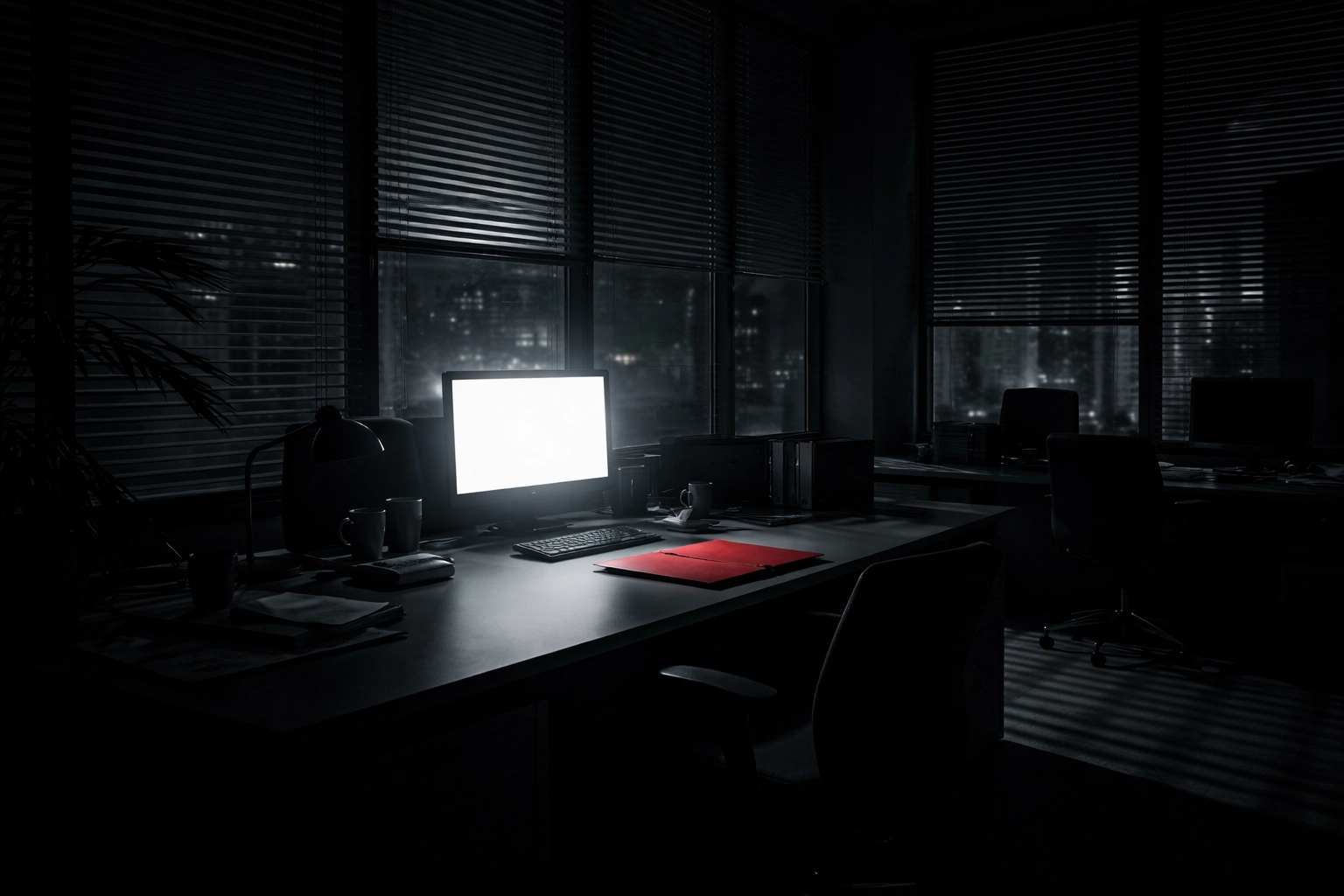Empty office at night with red folder on desk symbolizing corporate fraud and internal investigation