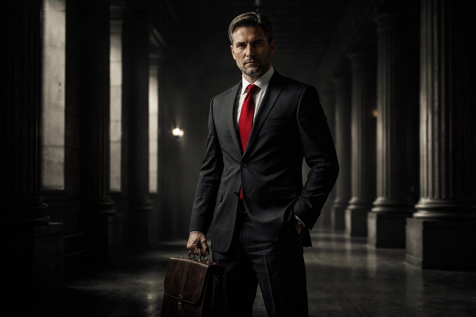 Criminal defense lawyer confidently stands in a courthouse hallway, symbolizing legal expertise in Ontario