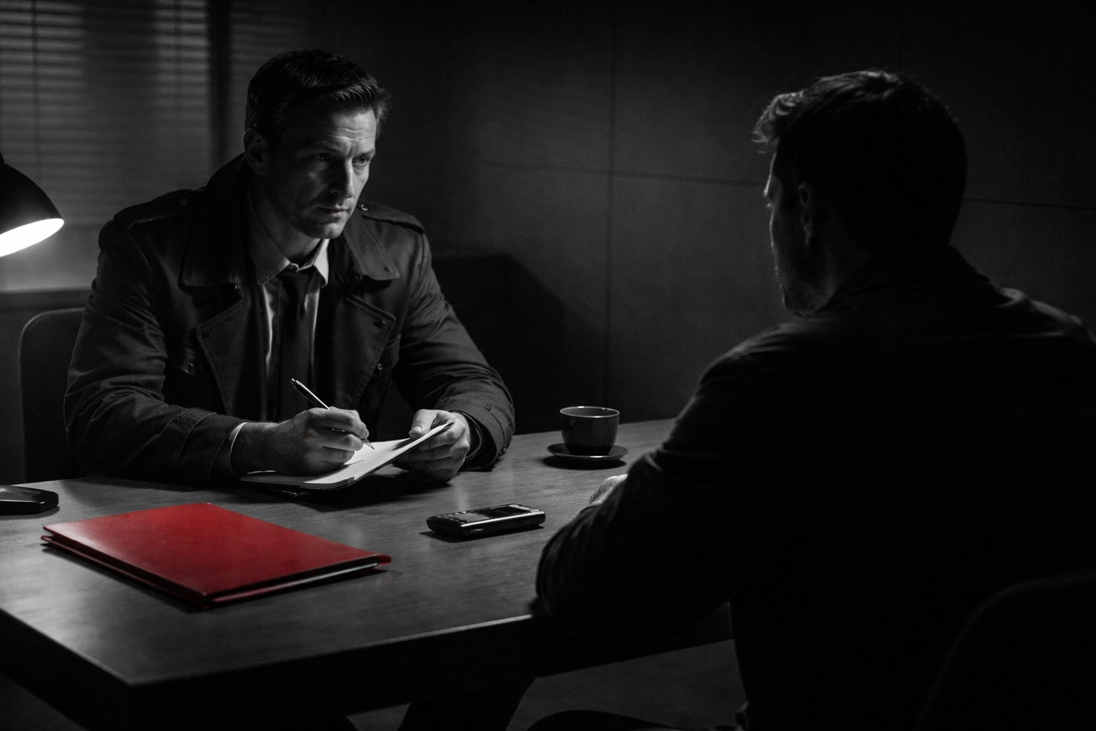 Private investigator interviews a key witness in an office, supporting criminal lawyer litigation support