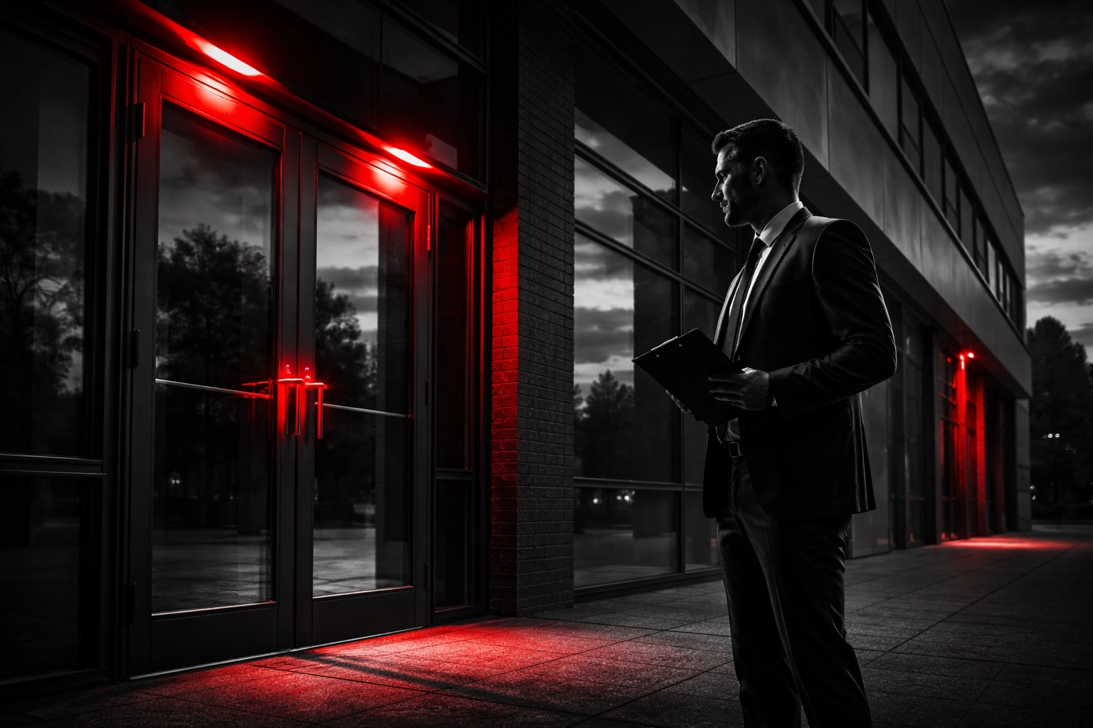 Security expert examining physical entry points and access controls at an Ontario commercial building