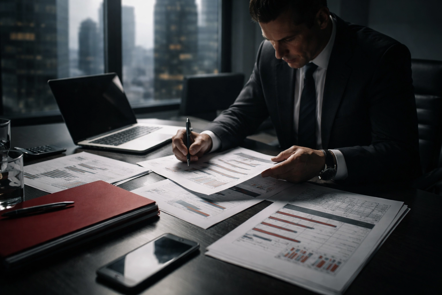Corporate fraud investigator analyzing financial documents for Ontario business